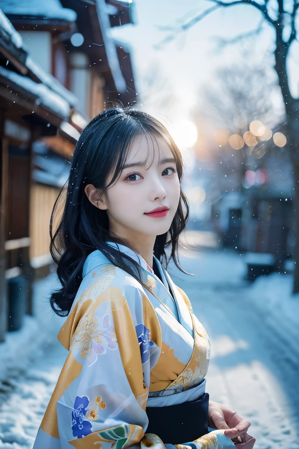 (kimono)、、(highest quality,masterpiece:1.3,Super high resolution,),(super detailed,caustics),(Photoreal:1.4,RAW shooting,)ultra-realistic capture,very detailed,High resolution 16K resolution for human skin、 Natural skin texture、、Skin looks even-toned and healthy、 Use natural light and color,one woman,Japanese,,cute,black haired,middle hair,(Depth of bounds written、chromatic aberration、、wide range of lighting、natural shading、)、、(falling snow:1)、(hair swaying in the wind:1)、(Snow reflects light:1)