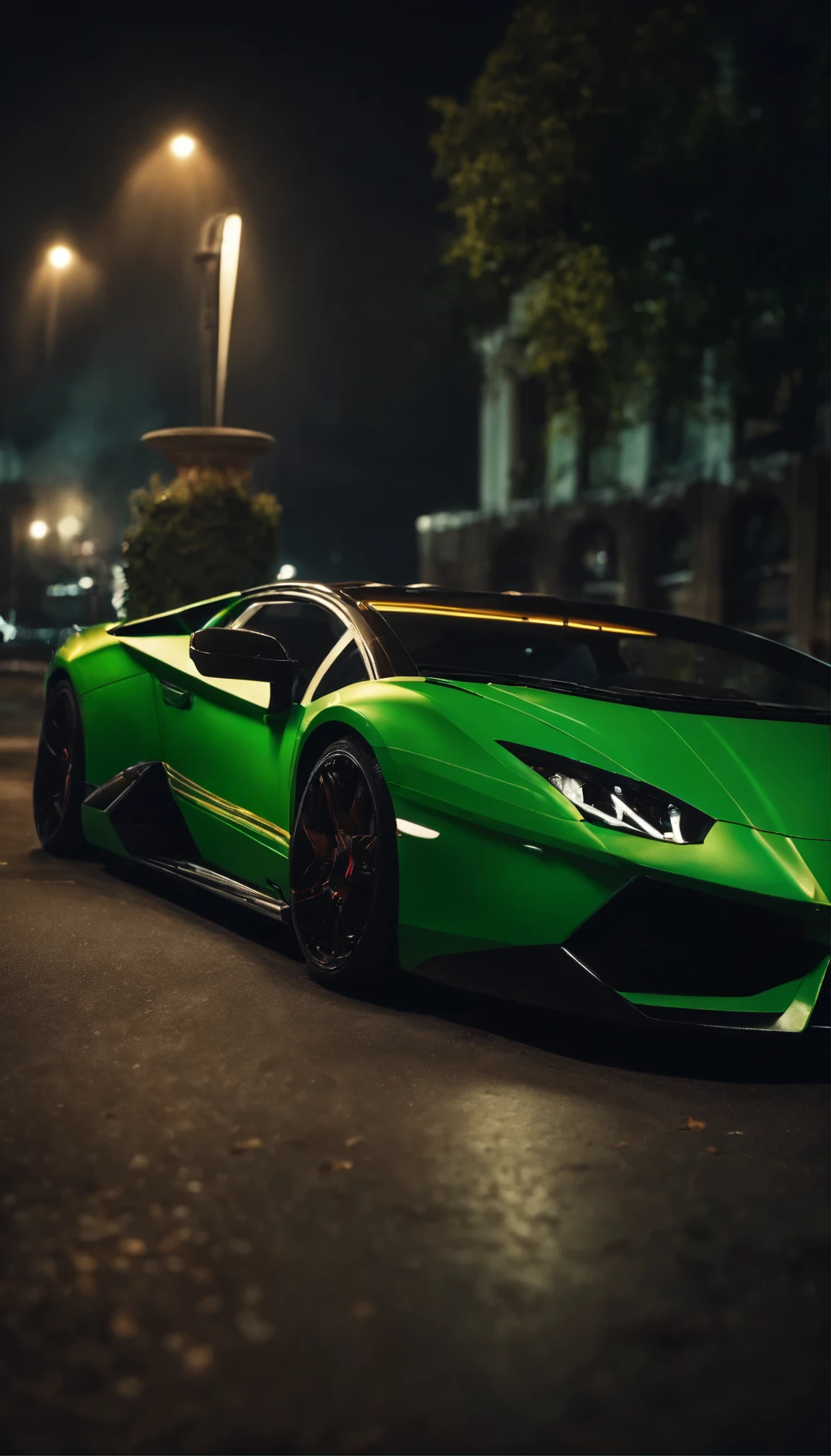 Lamborghini with neon headlights night smoke volumetric lights cinematic hdr ultra details