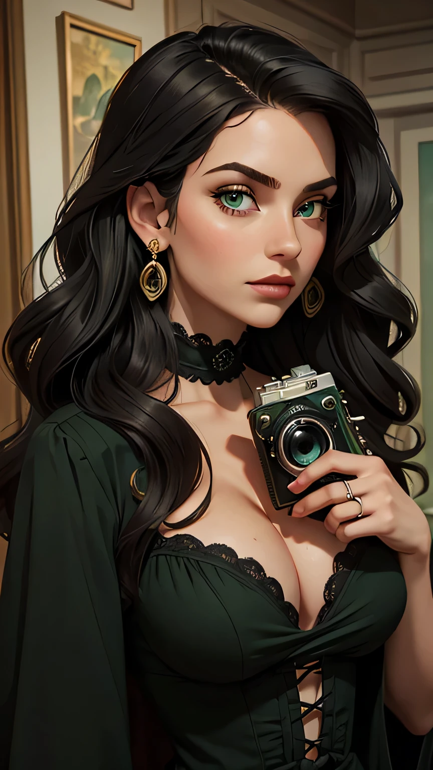 ((masterpiece, best quality)), (1girl), (solo), (female focus), super long wavy hair, black hair, vintage camera, holding camera, green eyes, lots of earrings, small breasts, long gothic dress, cleavage, rings