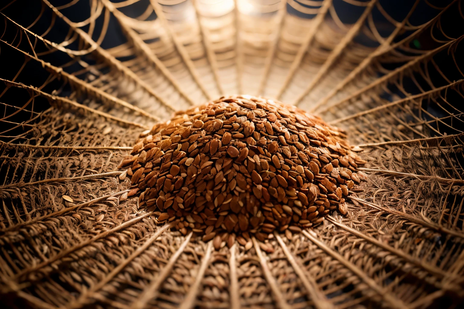 Create an image that (((depicts flaxseed))) as a protective net against cholesterol. Draw a {stylized spider web}, made of flaxseed threads, with small particles of {cholesterol trapped in the webs}. Around the web, draw healthy elements emerging, such as hearts or health symbols, representing how [flaxseed neutralizes cholesterol] and promotes cardiovascular health.
-------------------------