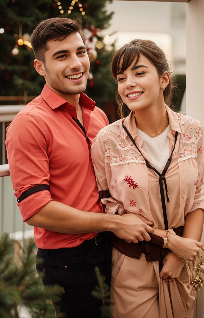 A couple hugging on the balcony during Christmas, they are in Christmas clothes
