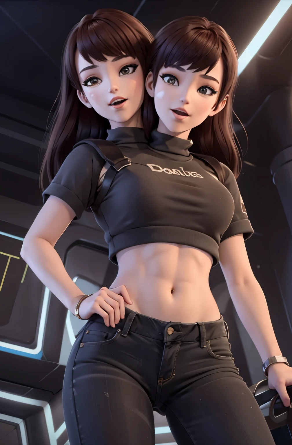  8k,highres, 1girl, (two_heads:0.9), indoors. looking at the viewer, crop top, jeans