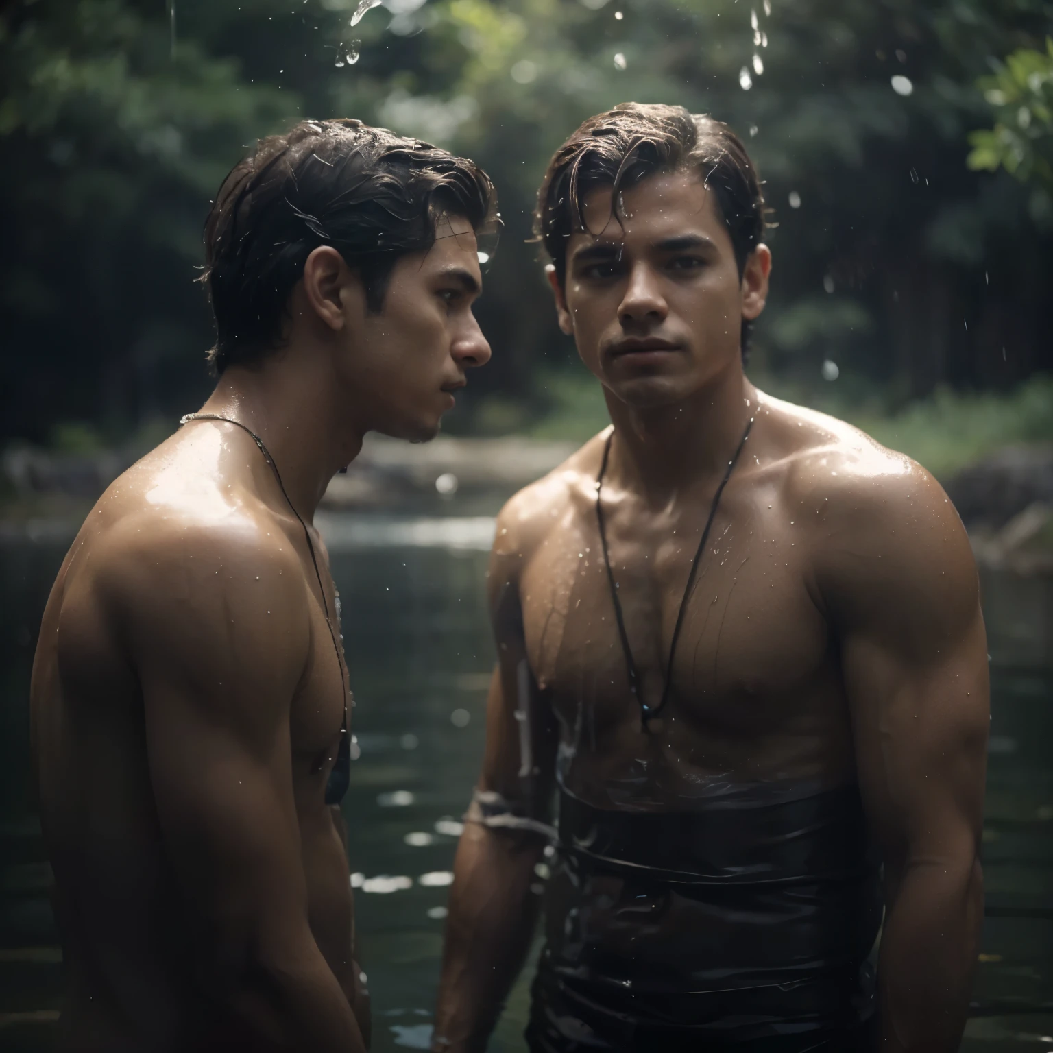 4k dois JOVENS homens muito bonitos sem camisa em frente a um espelho , WATCHING WATER DRAIN FROM THE MIRROR ultra realistic, 8k, cinematic