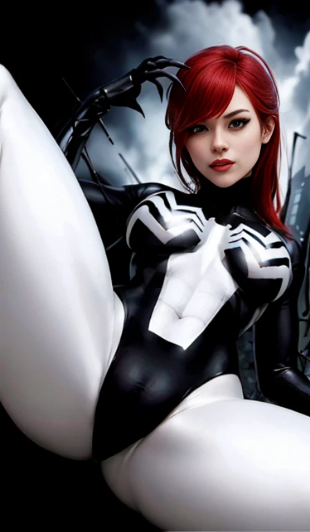 4K,realisticlying,Glamorous,The very detailed,There a girl in Dingcheng,Red hair,Wearing a black Spider-Man costume,(Black and white:1.4) the night,symbiote,venomize,a large amount of mucus,she a spiderman,Black superhero theme,In front of the sky,Flushed complexion,( Open legs, camel-toe,, Vulvar shape:1.3),(GGCameltoe:1.3)Legs apart,25 age old,full bodyesbian
