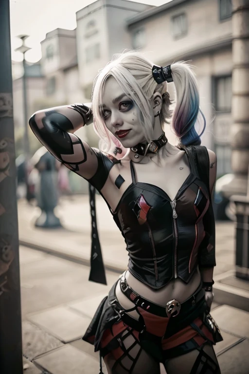((Harley Quinn como Garota Punk)), emo,sorriso, tatuagens, (gargalhada), Tosaka、Se mangas moicanas、A tatuagem、🎧、lo gothic_punk, 1girl em, solo, medium shot, ((durante a noite)), bokeh dof, Neon light, olhos iridescentes, starly sky, cabelos loiros com mechas rosa e azul ao estilo Harley Quinn, Sobrancelhas pretas, Cabelos radiantes, brinco, franja, joias, Bluntbangs, Backround desfocado, borrado, adornos de cabelo, pearsing, Olhe para os espectadores, retratos,、lo gothic、(masutepiece), (retrato), (aesthetic), (Beautiful), (loira superior ao estilo Harley Quinn), (alta qualidade), (aesthetic clothing), (Professional angle), (thirds rule), (Feminino), (female), (Beautiful),(feminine features), (18 anos), sozinho, 1 mulher, (Harley Quinn punk encantadora), Invernos, dramatic light, (Standing), Maquiagem preta, batom preto, sombra nos olhos preta;, (face frontal), (Challenging Expression), ((desafio)), (Jaquetas de couro e tatuagens), ((short hair)), (tingido (e.G. e rosas), (cabelos grossos), Cabelos foscos com brilho, (Faixas de cabelo espalhadas no cabelo), (Visual arrojado e arrojado), (pale skin), (Roupas escuras), (camiseta de banda), (ripped jeans), (-), Crew neckline), ((Fundo do beco urbano)), (tiro de perto), beautiful hands, normal hands, two arms, Complete hands, Corpo bonito, Dedos bonitos, dedos normais, cinco dedos, cinco dedos, (Polegar, dedo indicador, dedo anelar), Orelhas bonitas, orelhas normais, Olhos bonitos, olhos brilhantes, Boca bonita, beautiful lips,