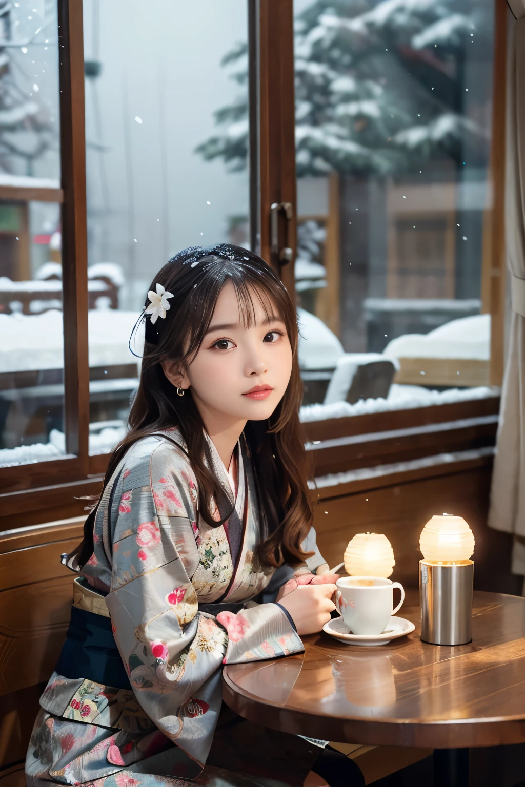 Japanese ID ,((cute ,baby face:1.2)),(8K, RAW photo, Super detailed, highest quality:1.2), (realistic, Photoreal:1.4), (very detailed, ultra high resolution ,beautiful, table top:1.2), ,very detailed顔と目,shiny skin,(Upper body:1.professional lighting,soft light, sharp focus, Depth of written boundary,medium hair,earrings, (Kimono costume with gorgeous floral pattern :1.3),Bokeh,(dynamic angle:1.5 ),(A cozy little café with warm lights shining through as snow falls outside. The contrast of the winter scenery visible from the window and the warmth inside. :1.3)