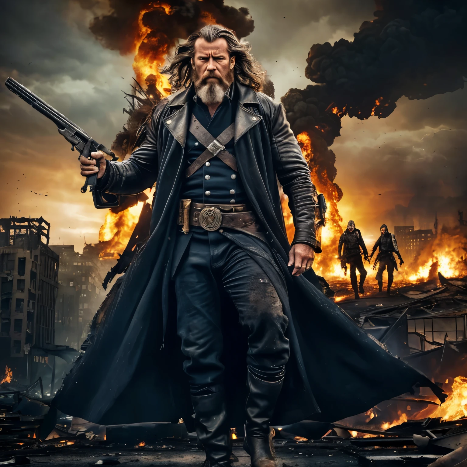 (best quality,4k,8k,highres,masterpiece:1.2),ultra-detailed,(realistic,photorealistic,photo-realistic:1.37),Zombie Apocalypse,ruined cityscape,fire,explosions,black billowing smoke,carnage,desolate streets,charred buildings,fallen debris,darkened sky,ominous atmosphere,shattered windows,damaged vehicles,crumbling infrastructure,distant screams,panic and chaos,glowing embers,flames engulfing structures,dilapidated structures,abandoned cars and buses,crumbling skyscrapers,shadows lurking,destroyed bridges,dystopian landscape,decaying corpses,terrified survivors,ominous silence,crimson glow of firelight,twisted metal,strewn with rubble,molten wreckage,smoldering ruins,destruction and devastation,remnants of civilization,city in ruins,post-apocalyptic,unholy transformation,nightmarish creatures,hopelessness and despair,disaster-stricken,nightmarish sky,gritty and desolate,ruined city skyline,dread-filled atmosphere,horror and destruction,dark figures stalking the streets,survivors fighting for their lives+exhausted,ashen faces,muted colors,bleak and desolate landscape,rays of light piercing through the smoke,apocalyptic wasteland,lone figures wandering,cold wind howling,remnants of humanity battered and broken,desperate struggle for survival,infectious terror,a world torn apart.