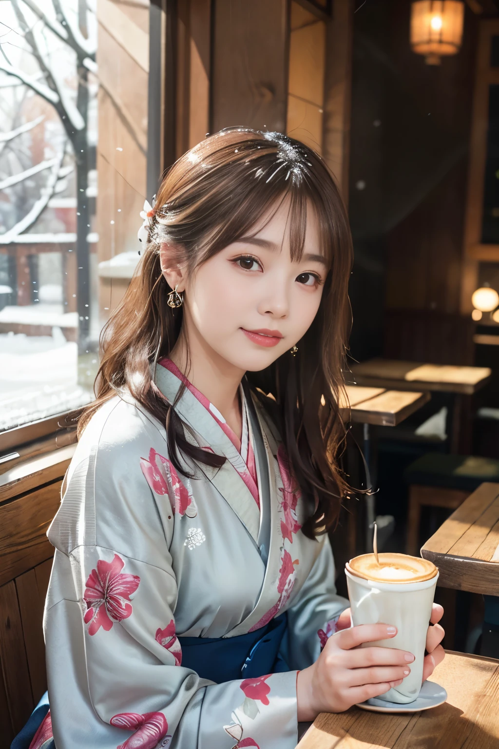 Japanese ID ,((cute ,baby face:1.2)),(8K, RAW photo, Super detailed, highest quality:1.2), (realistic, Photoreal:1.4), (very detailed, ultra high resolution ,beautiful, table top:1.2), ,very detailed顔と目,shiny skin,(Upper body:1.professional lighting,soft light, sharp focus, Depth of written boundary,medium hair,earrings, (Kimono costume with gorgeous floral pattern :1.3),Bokeh,(dynamic angle:1.5 ),(A cozy little café with warm lights shining through as snow falls outside. The contrast of the winter scenery visible from the window and the warmth inside. :1.3)