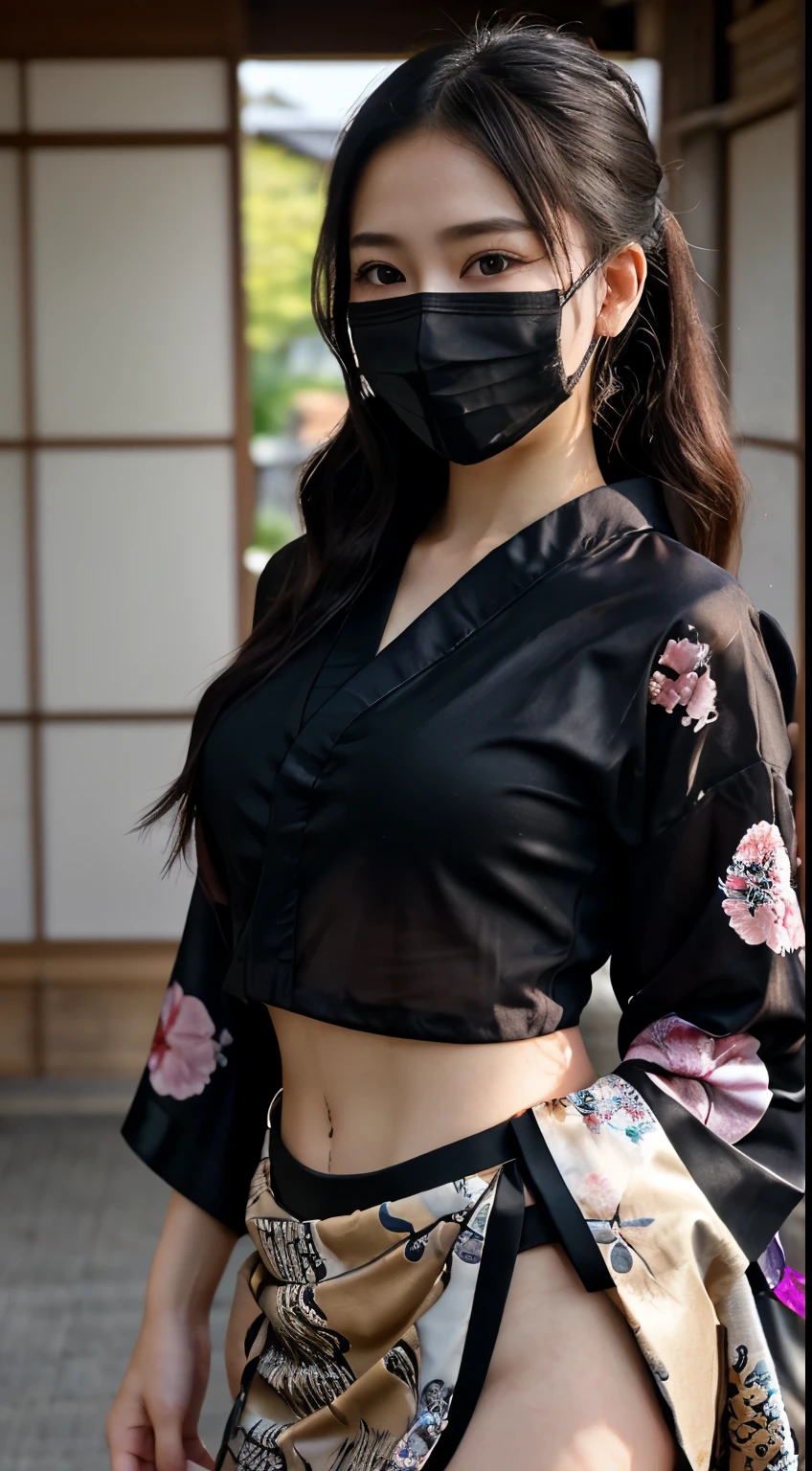 最high quality、high quality、best image quality、8K、最High resolution、High resolution、最high quality、masterpiece、RAW photo、full body photo、realistic atmosphere、(detailed face)、(fine hands、thumb1reference4)、(beauty of japan )、very nice face、cute face、((beautiful japanese girl))、(japanese woman), ((18 year old beautiful girl))、(glossy black hair)、(straight long hair)、(ponytail)、slim style、(shiny skin)、(Fair skin, Glossy skin)、real human skin、realistic human body structure、perfect body, perfect face, perfect hands, perfect fingers, perfect lips, perfect eyes,perfect teeth、perfect background, perfect atmosphere, natural soft light、photon mapping、Ainu ethnic clothing、Miko costume、japanese traditional、(kunoichi kimono)、In front of an old Japanese samurai residence、((Transparent sheer dark color(floral crop top kimono、side slit super mini skirt、mouth mask))、Dynamic pose with combat in mind