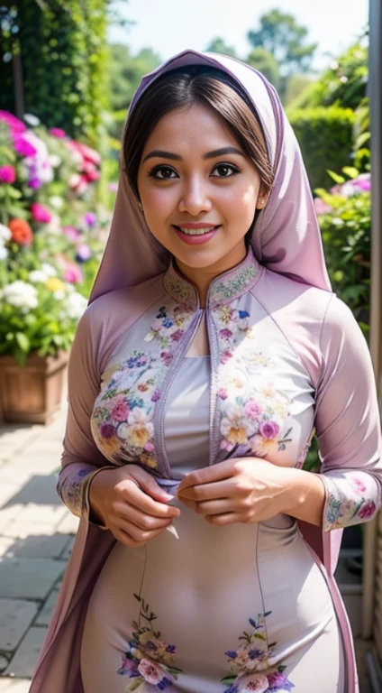 RAW, Best quality, high resolution, Masterpiece: 1.3), Beautiful Malay woman in hijab, Masterpiece, Perfect slim body, ((Big breasteautiful big eyes, watery eyes, Soft smile, wet lips, bad face, (wearing long dress baju kurung with large floral motifs), (long legging), smiling, windy, skin details, skin texture details, thick thighorning time, happy, bright sunlight, flower garden path, blurred background, bokeh