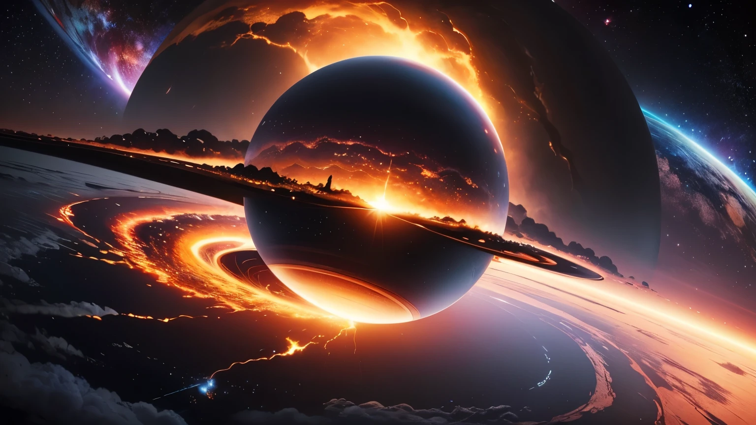 the planet earth being exploded and swallowed by a black hole at the same time as a meteor shower falls, view of the universe