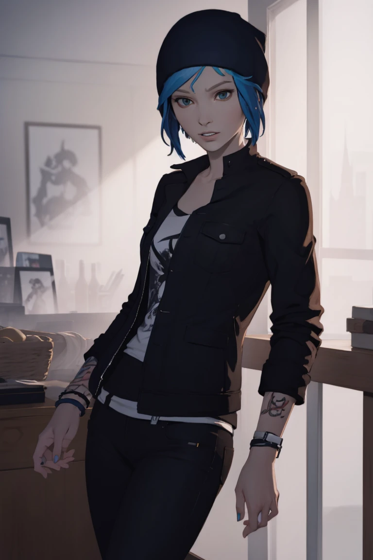 Chloe Price, facing viewer, chloeprice_byammpuv1, black pants, black jacket