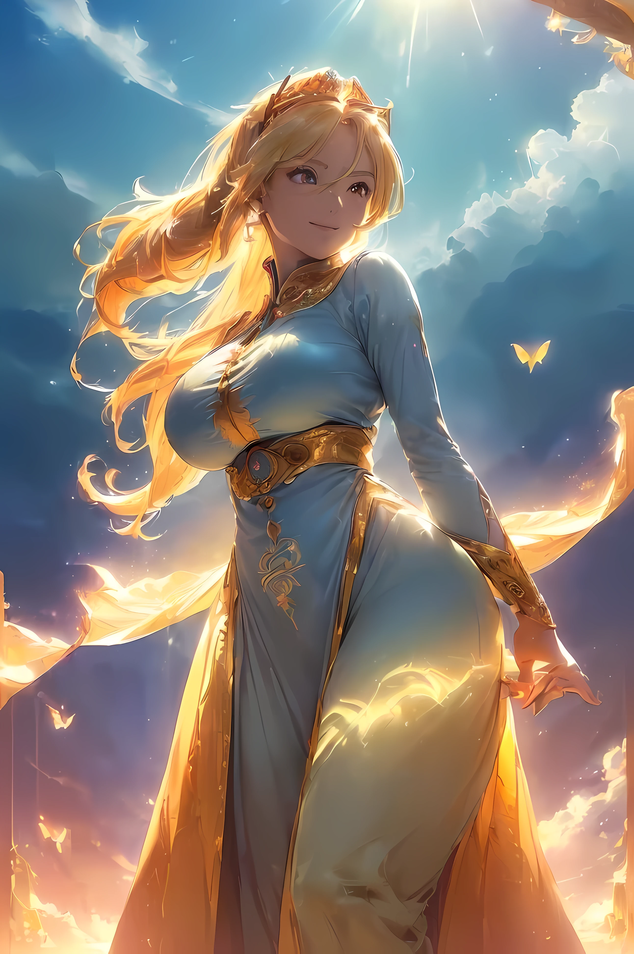 A beautiful woman, ((((realistic oil art, 46-year-old Empress, fantasy, Empire serious scene, vibrant look, (( Owl theme clothes, full dress clothes, specific clothes, soft clothes, full body dress, black color clothes, orange details)), ((( soft orange color armor, silk, cinematic lighting, floating hair, sharp, prism, big shield, beautiful motion)), 1girl, masterpiece, extremely detailed, (beautiful detailed glow), lens flare, golden flare lens, sun flare, clouds, backlighting, (glowing blue sky)
, aurora, sparkling light ,smile, laughter, standing in the distance, looking at the viewer, full-length
, elegance under the sun light, hair ornament, movement motion, image look alive, perfect body figure, very big breast, very big ass, beautiful face, milf, royal, blond color hair, silky hair, shining hair, shine eyes, red eyes, ponytail long hair style, beautiful skin, Extremely details hair, fine details, cinematic lighting, beautiful lighting effect, creative design, full body frame, divine aura, hard harmony , sun light, perfect color transition, perfect balance of contrast, perfect color layer, perfectly smooth color blur, soft rendering, smooth color stroke, sun glare, optic lens, sunlight ray, soft colors, smooth colors blend, perfect color rendering, harmony, perfect color harmony, beautiful color, soft harmony, light particles, perfect details, intricate details, color prism, fine details, refine details, different view point, extremely details clothes))), Tachibana Omina art style, sharp eyes gaze, half a smile, slightly open mouth, a triumph expression, floating on the sky, stay on cloud, shining with a bright light, calm, breeze and sunlight, sun, clouds, butterflies in the sky, shining butterflies, realism, ((Best quality))),8k,((Masterpiece)),(Extremely refined and beautiful)