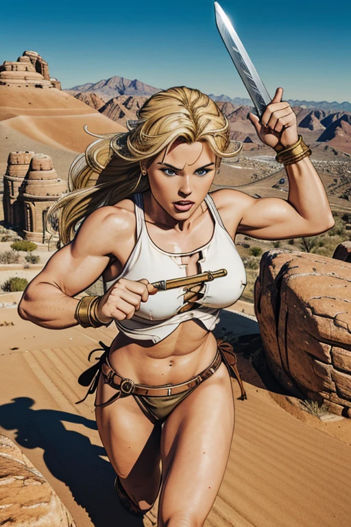 A woman with a muscled body, blond barbarian hair, (hazel detailed eyes), running and jumping while charging an attack using a ((long Sword)) in her hand. she is wearing a Loincloth and a barbarian iron chest armor. She wears an ancient sandal. she is standing on a big rock on a mountain in the desert.