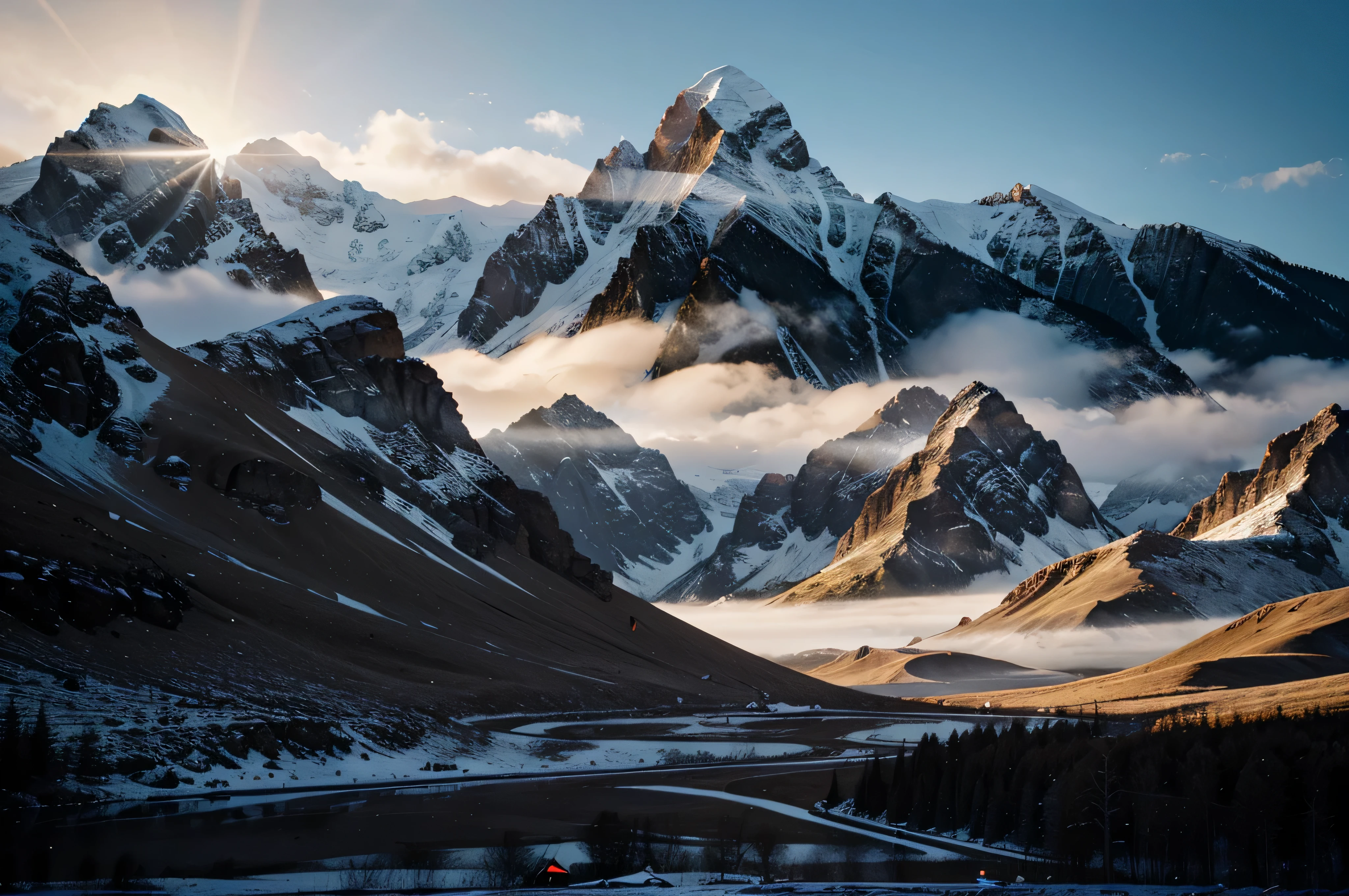 futuristic landscape, mountainous, dynamic lighting, depth of field, canon