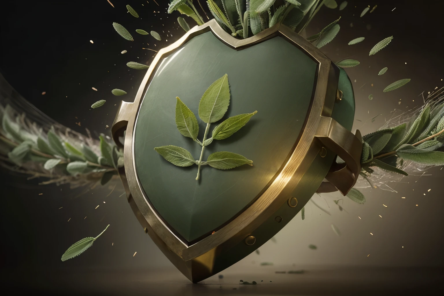 Create an illustration that (((depicts sage))) as a protective shield against cholesterol. Draw a sage leaf stylized as a resistant shield, with details that reflect its shape and texture. On the surface of the shield, draw small {cholesterol particles} being repelled and disintegrated by the sage, transforming into [healthy elements], such as hearts or health symbols.