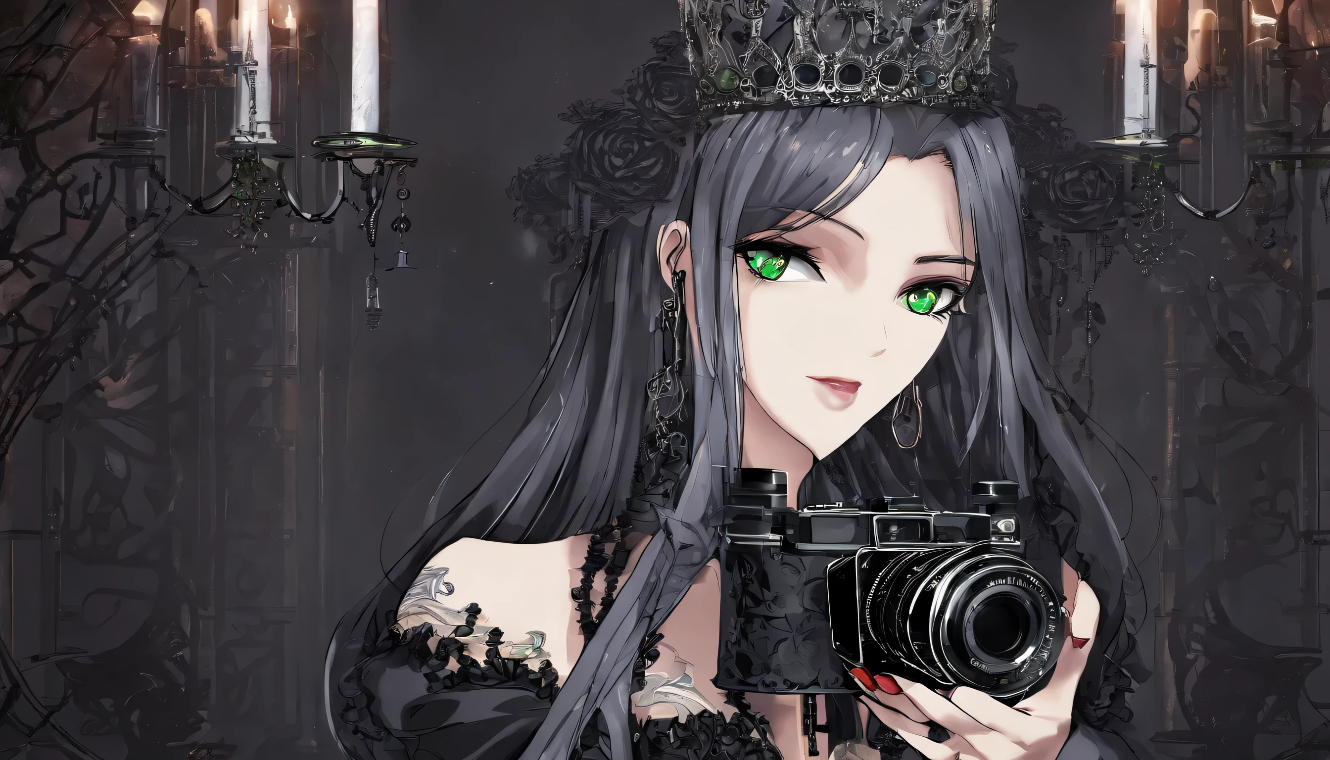((masterpiece, best quality)), (1girl), (solo), (female focus), super long wavy hair, black hair, (vintage camera), holding camera, green eyes, lots of earrings, small breasts, long gothic dress, cleavage, rings