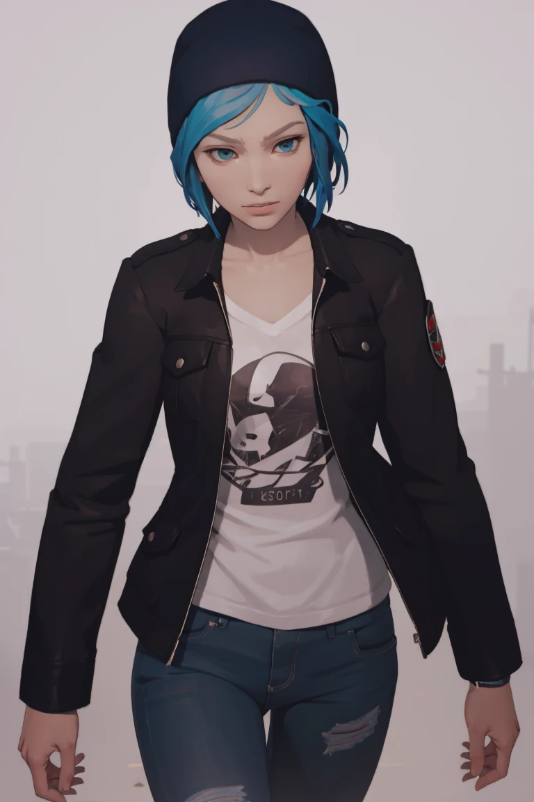 Chloe Price, facing viewer, chloeprice_byammpuv1, blue torn pants, black jacket