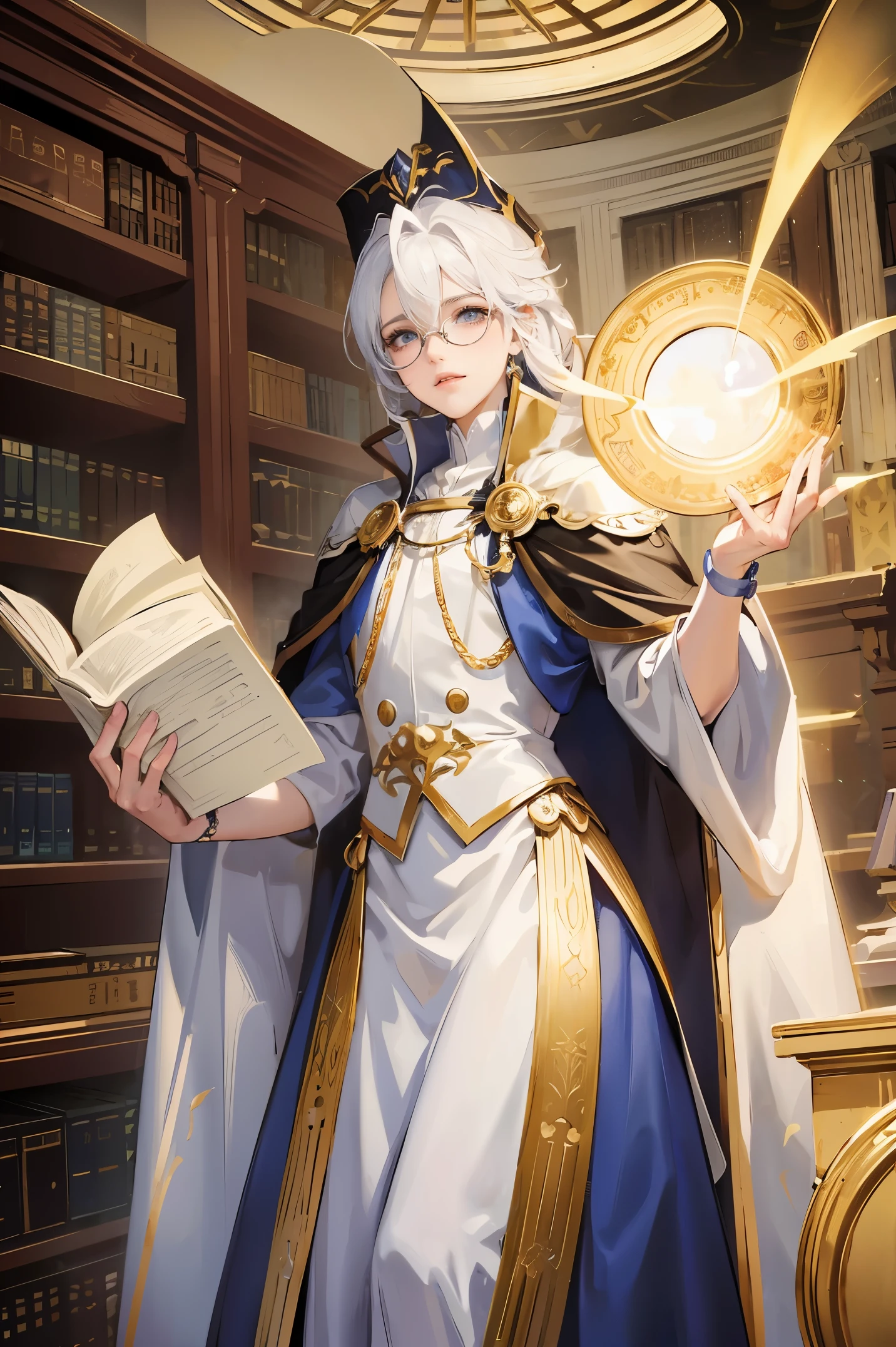 an androgynous boy with long white hair stands inside a large library and holds an open book, the boy is wearing a white cape with blue jewels and gold adornments and glasses, the library is lit by candles and filled with books stacked on the floor, with a large round window in the background showing a big constellation, Perfect lips, symmetrical face, olhos realistas, pele de porcelana, HDR, UHD
