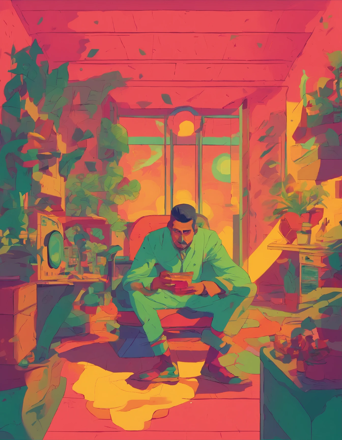 illustration of a man sitting in a room holding a gun with a fridge and a plant at night, lo-fi illustration style, inspired by Emiliano Ponzi, by Emiliano Ponzi, in style of james gilleard, james gilleard artwork, edward hopper and james gilleard, painting of a room, illustration!, illustration | rutkowski, lo-fi art, lofi art, higly deataile award winning