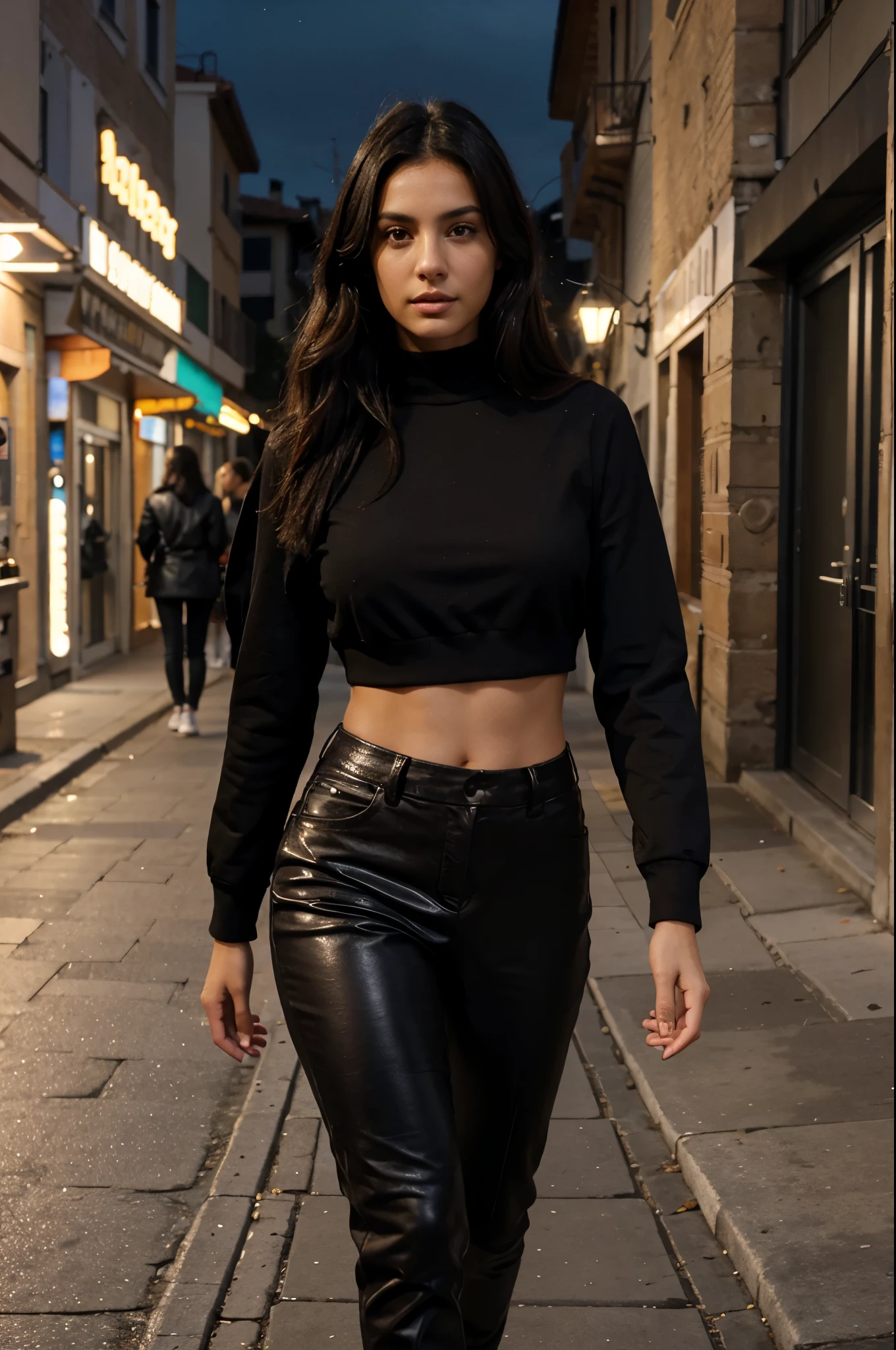 night shot of an Italian model, wearing trendy and classy outfit, walking outside, athlete body, brown eyes, black hairs, realistic skin texture