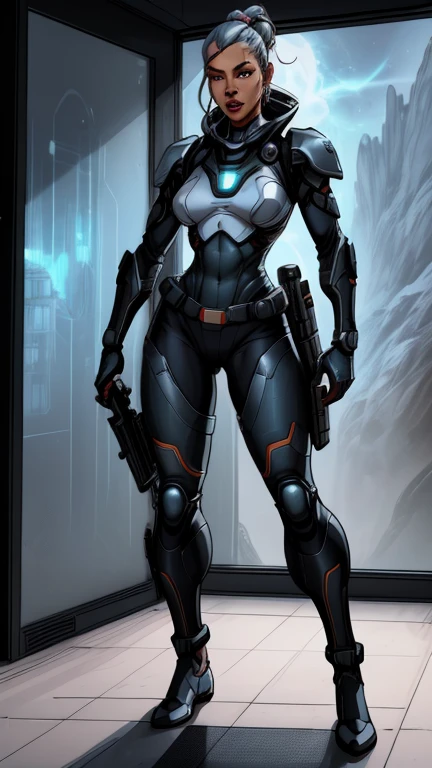 a drawing of a female character holding a gun, detailed full body concept, full body concept, sci-fi character concept, female lead character, full body character concept, concept character, sci fi character concept, unrealistic character concept, character concept, realistic character concept, new costume concept design, full body details, scifi character, sci - fi character, sci fi female character