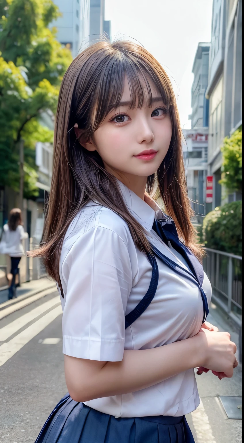 SFW, 
Outside, 
(porttower), kaiyomuseum, [water reflection, city lights, neon lights], 
Water Front, Stainless Roundbar Deck, 
Perfectly anatomically correct, 
1 Japanese Girl, Short Twintails, Wide-Set Eyes, Pale Skinned, Bashfully, Blush, 17-Year-Old, Open Mouse Slightly, 
(Skirt, Polo Mini Shirt), 
Brown Hair, Wet Hair, 
Ecstasy, Light Smiling, 
Looking Back Viewer, 
Dynamic Angle, from Below, 
8K, RAW Photo, Best Quality, Masterpiece, Realistic, PhotoRealistic, Extremely Detailed 8K Wallpaper, Beautifully Detailed Eyes, Finely Detailed Face, 
Professional Lighting, Cinematic Lighting, (bokeh)