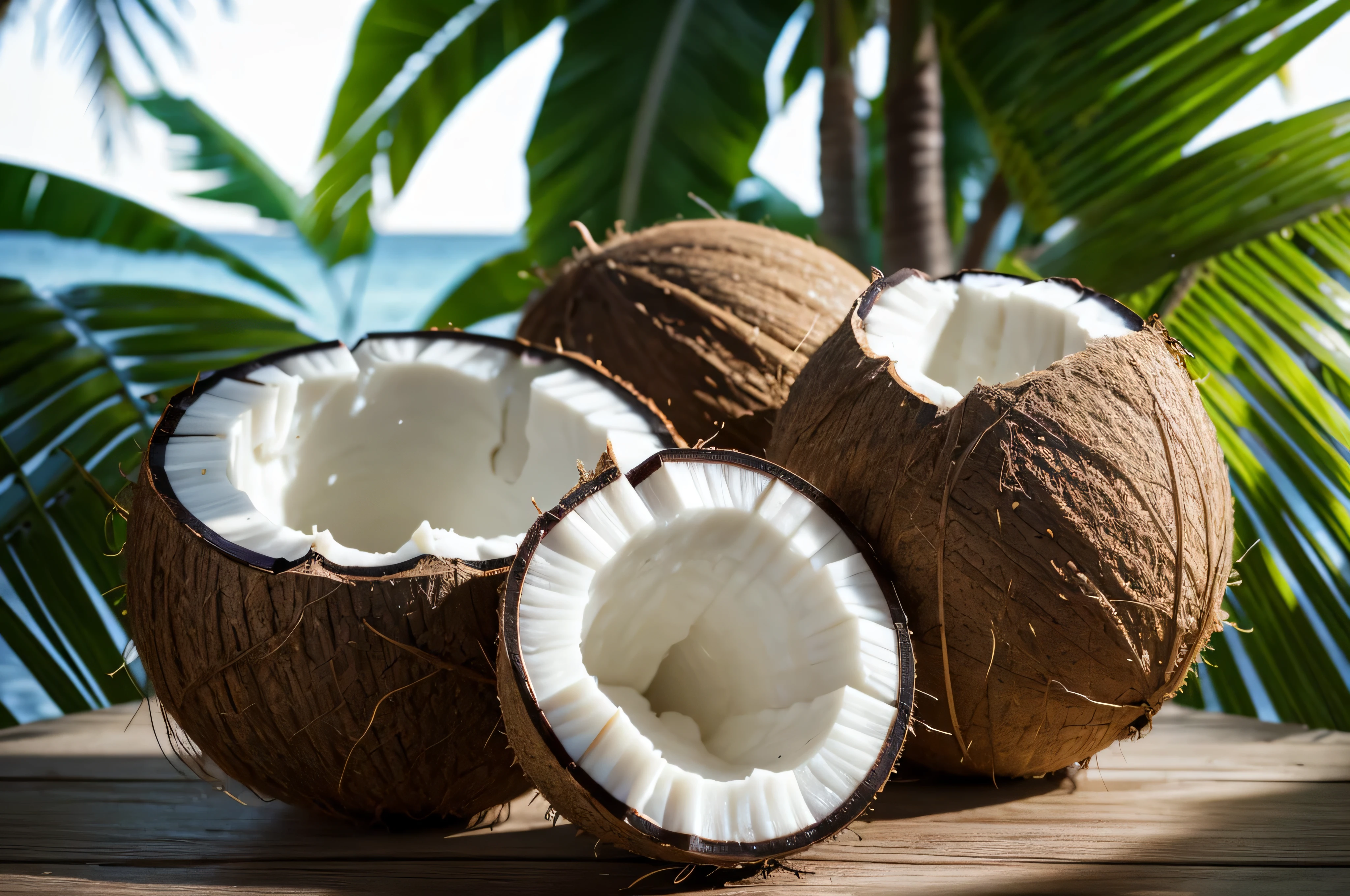 coconut, tropical, depth of field, dynamic lighting, realistic