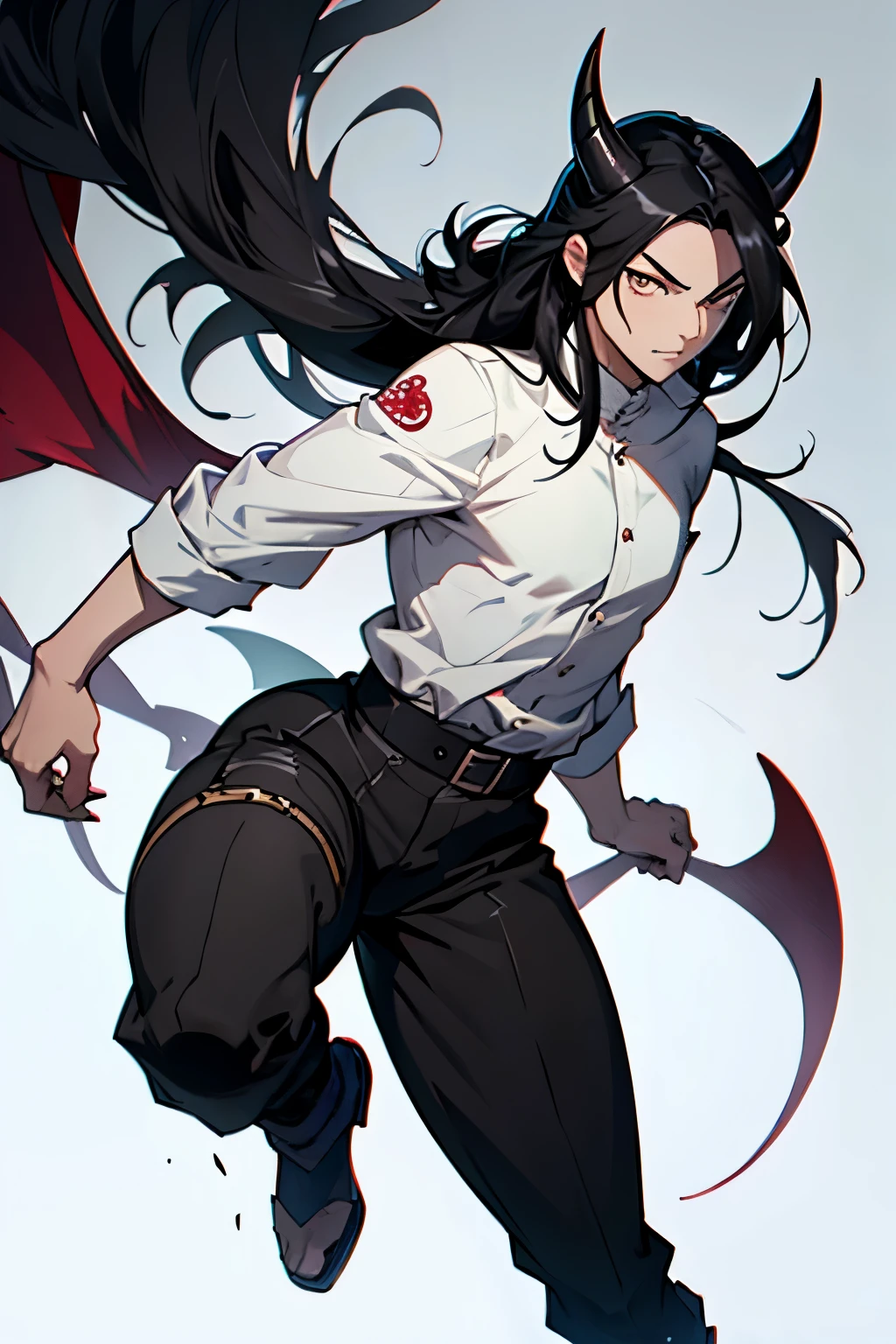 1 young boy, long black hair, white eyes, cute face, Demon Slayer Artstyle, fullbody shot, wide hips