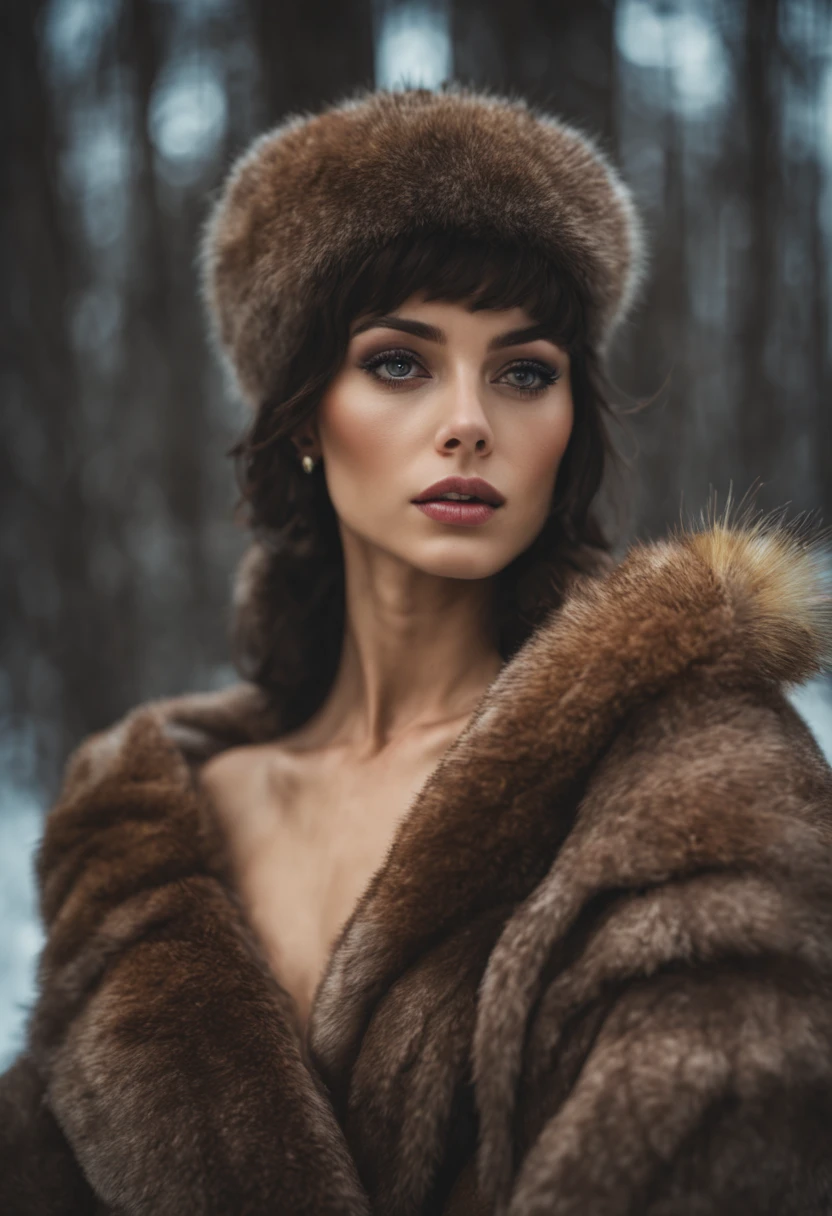 Portrait of Anjo as a beautiful female model, Georgia Fowler, Beautiful face, with short dark brown hair, In the winter forest, in the style of the 80s, realism, ussr, She;she's wearing lace lingerie, mink fur coat, fur hat, dramatic lighting, (with ears of corn:1.2)