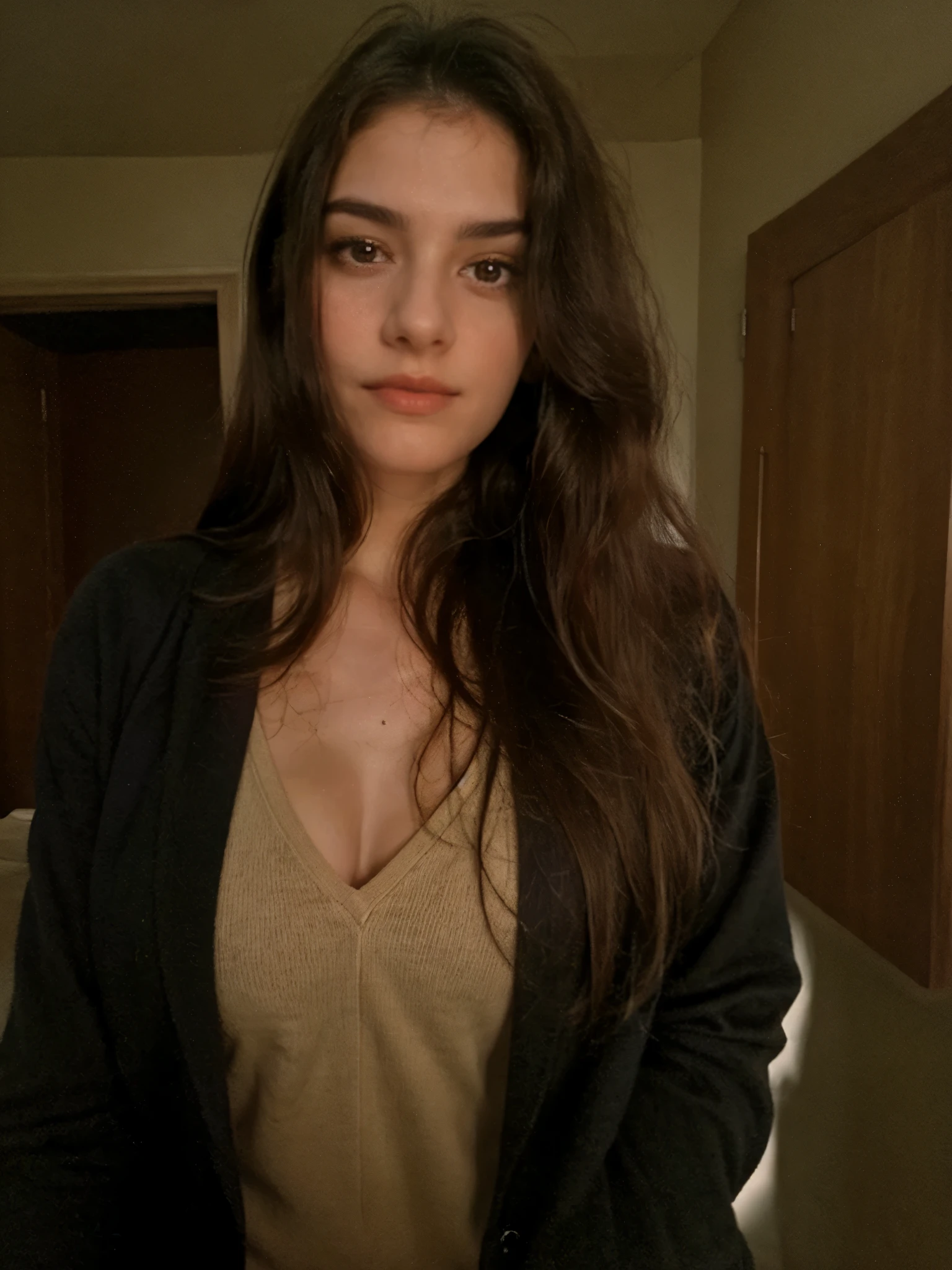 young woman with long brown hair, wearing a black blazer with a white blouse inside, ultra realistic, perfect and clear face