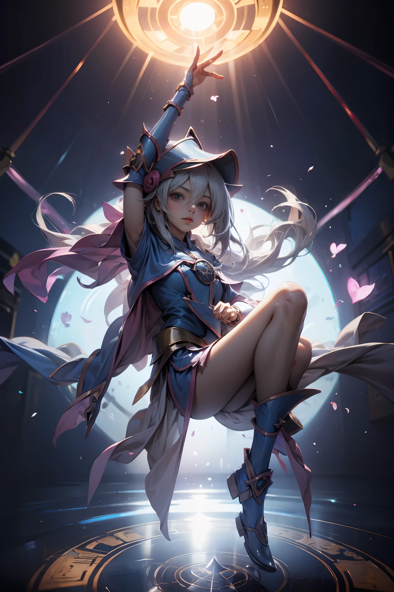 Dark magician gils. Levitating above a circle of magic. Energy heart in the air. Pose de piernas levantadas. Brazos levantados. Pose sensual y inocente
