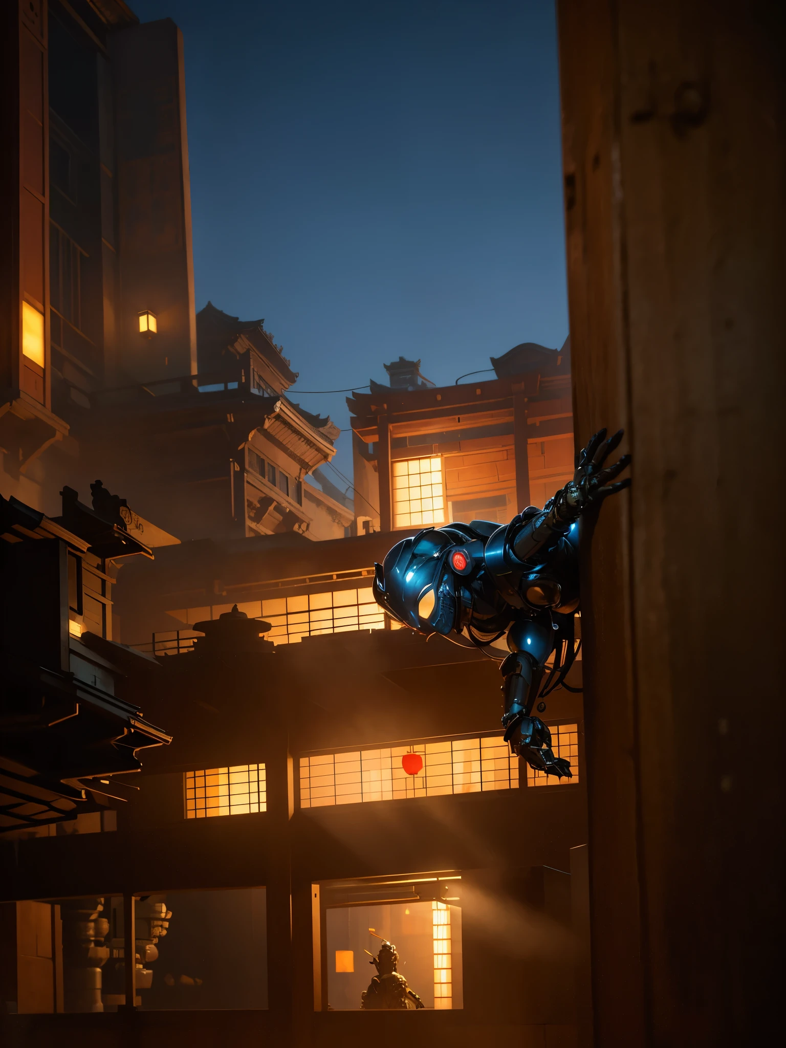 there is a woman peeking from a pillar, statue, robot wearing human mask, traditional japanese concept art, andreas rocha style, stylized fantasy artwork, anime epic artwork, detailed render