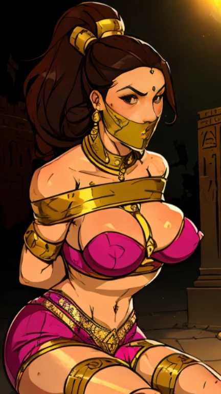 Egyptian queen , milf , gagged , bound , clothes((traditional Egyptian bellydance)), accessories((earrings,handband)), brown hair, Ponytail