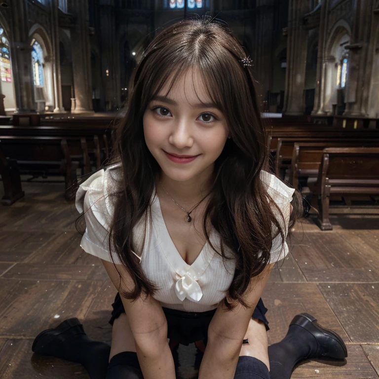 ((whole body esbion))、((side shot))、((small breasts、small and flat chest))、  ((white short sleeve blouse、ultra mini pleated skirt、dark blue)), ((red tie))、 ((black boots))、((Kneeling prayer pose in church、Join hands))、((１direct))、((The background is the interior of a deserted gothic church..))、((high nose))、((delicate body))、((vertical upper body))、((clean、masterpiece、professional artwork、famous works))、((perfect girl body))、((beautiful preteen girl)),((cute face))、 very bright skin ,medium long hair, wavy hair , brown hair,Japanese、 realistic, direct照明, volumetric light, super detailed, highest quality, ultra high resolution, nffsw, 8Kのmasterpiece, highest quality, ((teenage girl)),((Big eyes))、、RAW photo, absurd, ((with smiling eyes、smile)), ((open your mouth)),