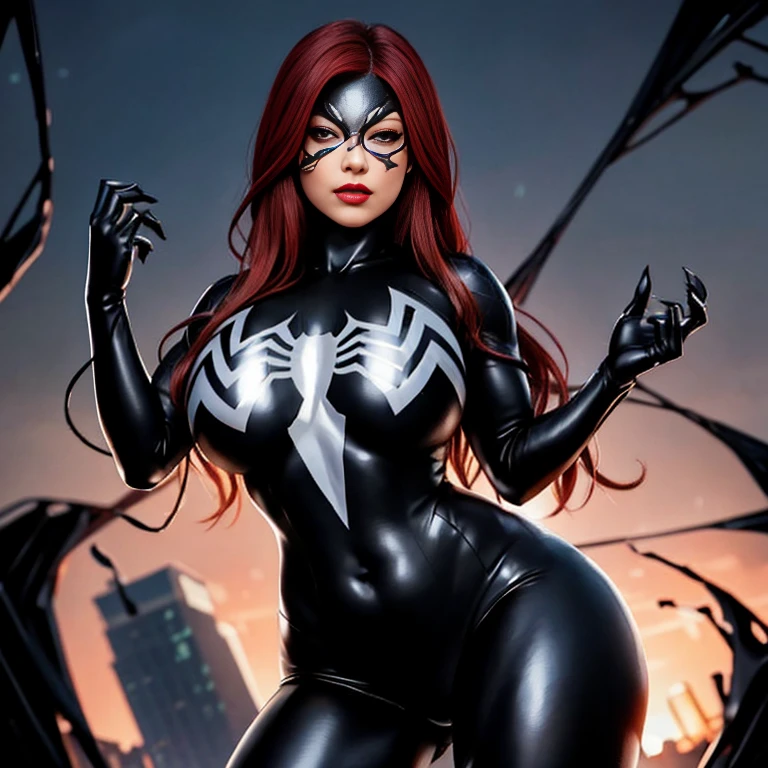 4K,realisticlying,Glamorous,The very detailed,There a girl in standing sexy position,Red long hair,Wearing a black Spider-Man costume,(Black and white:1.4) the night,symbiote,venomize,a large amount of mucus,she a spiderman,Black superhero theme,In front of the sky,Flushed complexion,25 age old,full bodyesbian