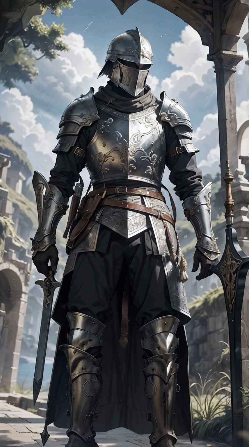 Obra maestra, cinematic landscape, mejor calidad, barroco, realista, , hombre, armadura medieval romana blanca, armadura desgastada,combate a muerte con espadas,guerreros en la lucha,guerra bajo la luna y el sol,rallos y lluvia en medio de una tormenta tropical,historia epica mediebal,gran heroe de la espada,chispas de las espadas chocando, big bulge
