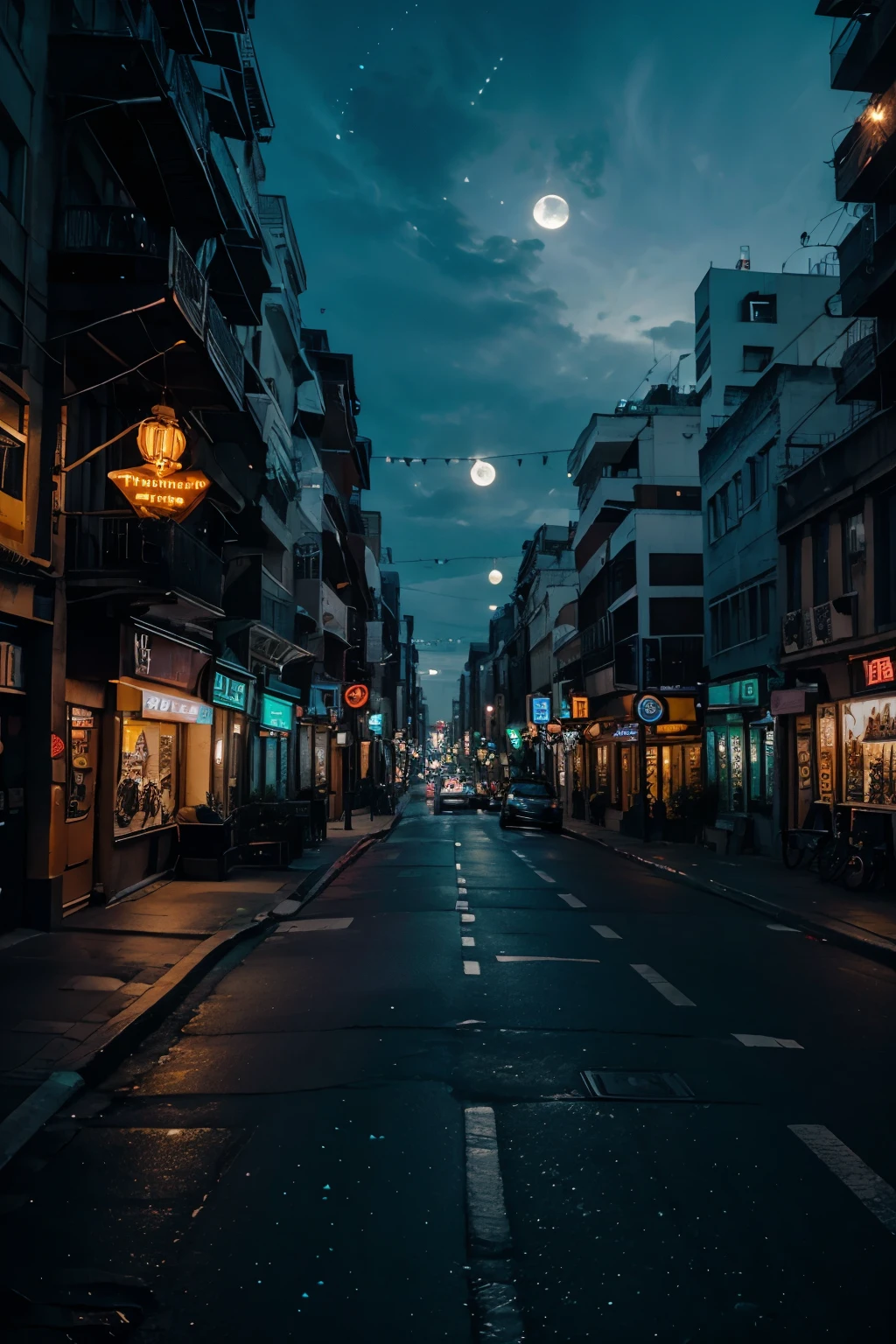 city street by night with glowing lights neon stars and moon light