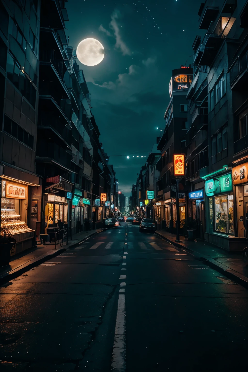 city street by night with glowing lights neon stars and moon light