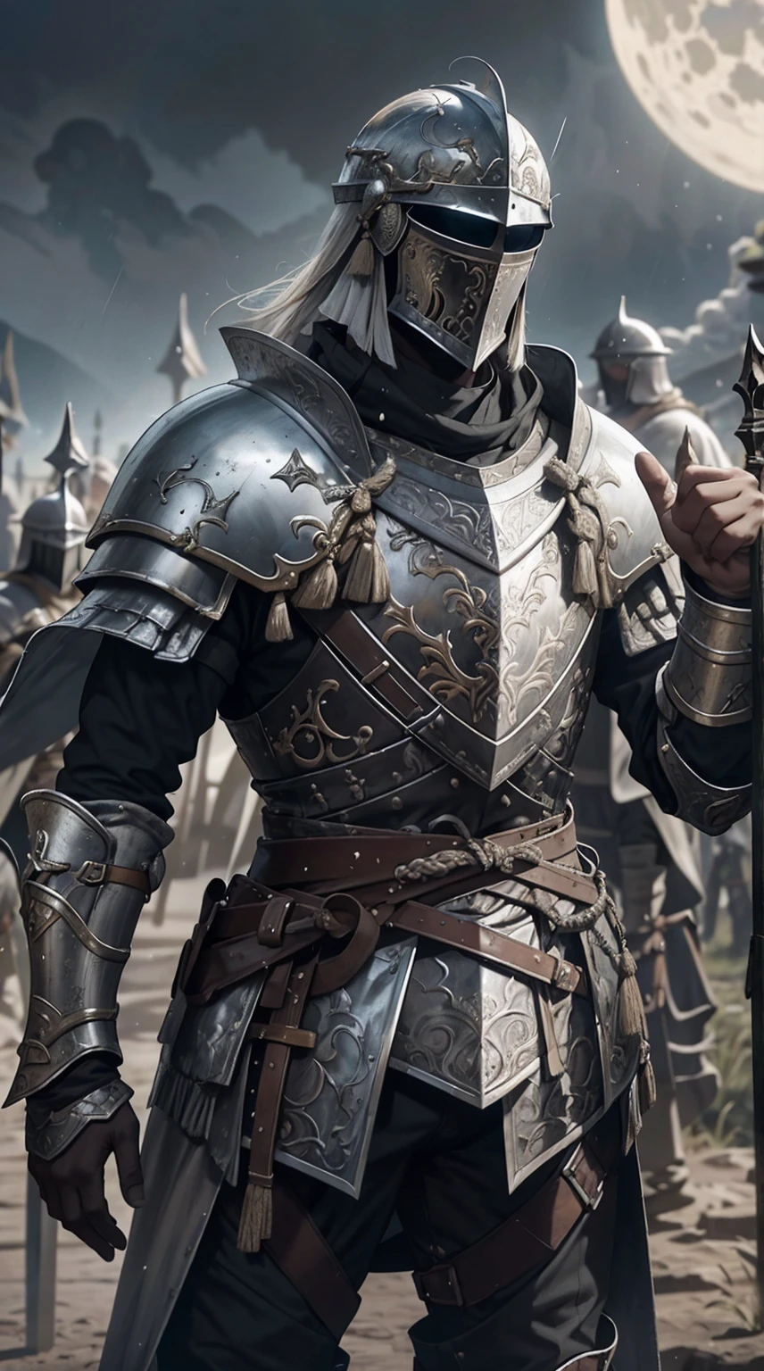 Obra maestra, cinematic landscape, mejor calidad, barroco, realista, , hombre, armadura medieval romana blanca, armadura desgastada,combate a muerte con espadas,guerreros en la lucha,guerra bajo la luna y el sol,rallos y lluvia en medio de una tormenta tropical,historia epica mediebal,gran heroe de la espada,chispas de las espadas chocando, big bulge