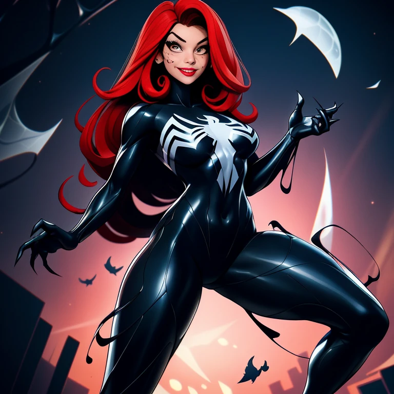 4K，realisticlying，Glamorous，The  very detailed，There  a girl in standing sexy position，Red long hair，Wearing a black Spider-Man costume,（Black and white：1.4） the night,symbiote，venomize，a large amount of mucus,she  a spiderman，Black superhero theme，In front of the sky，Flushed complexion，25 age old，full bodyesbian