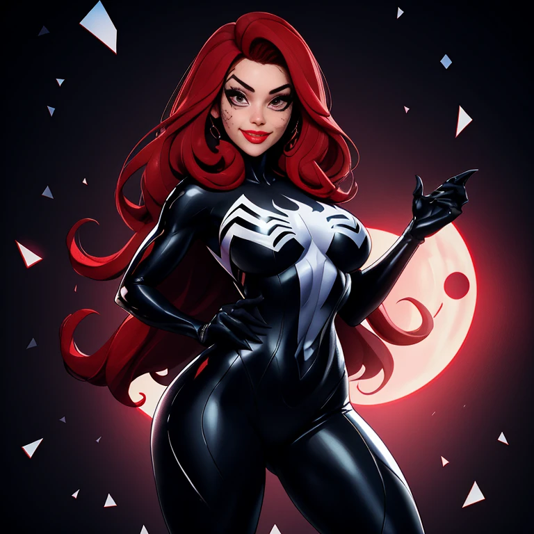 4K，realisticlying，Glamorous，The  very detailed，There  a girl in standing sexy position，Red long hair，Wearing a black Spider-Man costume,（Black and white：1.4） the night,symbiote，venomize，a large amount of mucus,she  a spiderman，Black superhero theme，In front of the sky，Flushed complexion，25 age old，full bodyesbian