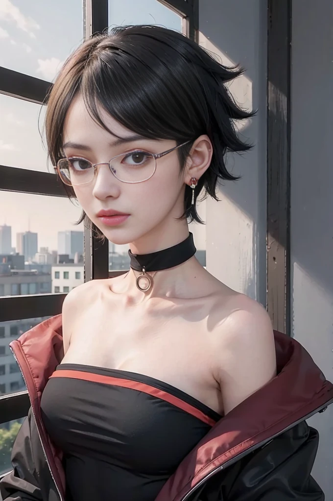 masterpiece, best quality, (realistic,photo-realistic:1.4), (RAW photo:1.2), extremely detailed CG unity 8k wallpaper, delicate and beautiful, amazing,finely detail, official art, absurdres, incredibly absurdres, huge filesize, ultra-detailed,extremely detailed eyes and face,light on face,sarada,(little smile:1.2),(black hair:1.4),(wearing jacket:1.5),(very short hair:1.4),nature,sarada uchiha ,(wearing black framed glasses:1.5),(city background:1.4),(tube top:1.4)