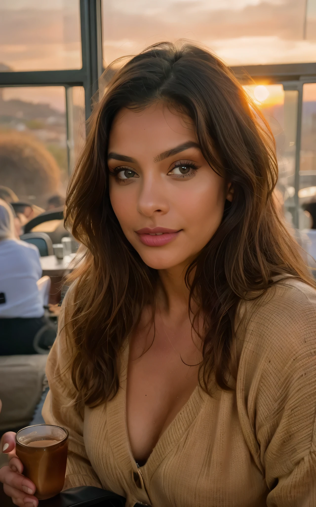 Beautiful brunette wearing a beige sweater  at sunset looking at me, Very detailed, 25 anos, Rosto inocente, cabelos ondulados naturais, olhos azuis, high resolution, master part, best quality, detalhes intrincados, altamente detalhado, Crisp Focus, pele detalhada, textura de pele realista, textura, olhos detalhados, profissional, 4k, sorriso encantador, filmado em Canon,  85 millimeters, profundidade de campo rasa, Cor Kodak Vision, corpo de ajuste perfeito, extremamente detalhado, fotografia_\(Ultra\), photoreallistic, Realista, Post-processing, maximum details, rugosidade, vida real, Ultra realista, fotorrealismo, fotografia, 8k UHD, fotografia