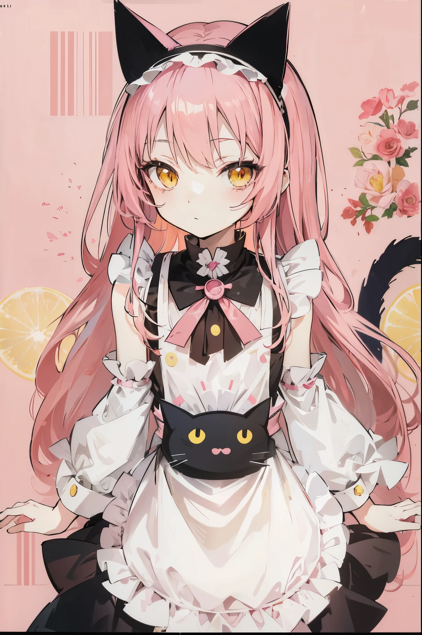 cute anime girl with long pink hair and yellow eyes, small chest size, loli short height, slim body, wearing white maid outfit and cat headband