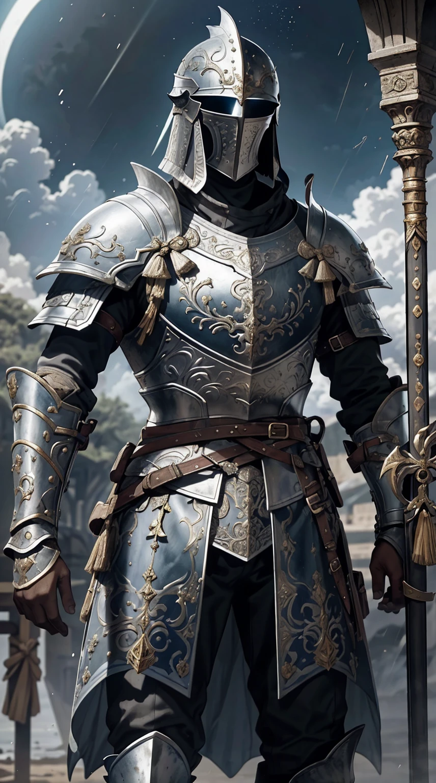 Obra maestra, cinematic landscape, mejor calidad, barroco, realista, , hombre, armadura medieval romana blanca, armadura desgastada,combate a muerte con espadas,guerreros en la lucha,guerra bajo la luna y el sol,rallos y lluvia en medio de una tormenta tropical,historia epica mediebal,gran heroe de la espada,chispas de las espadas chocando, big bulge