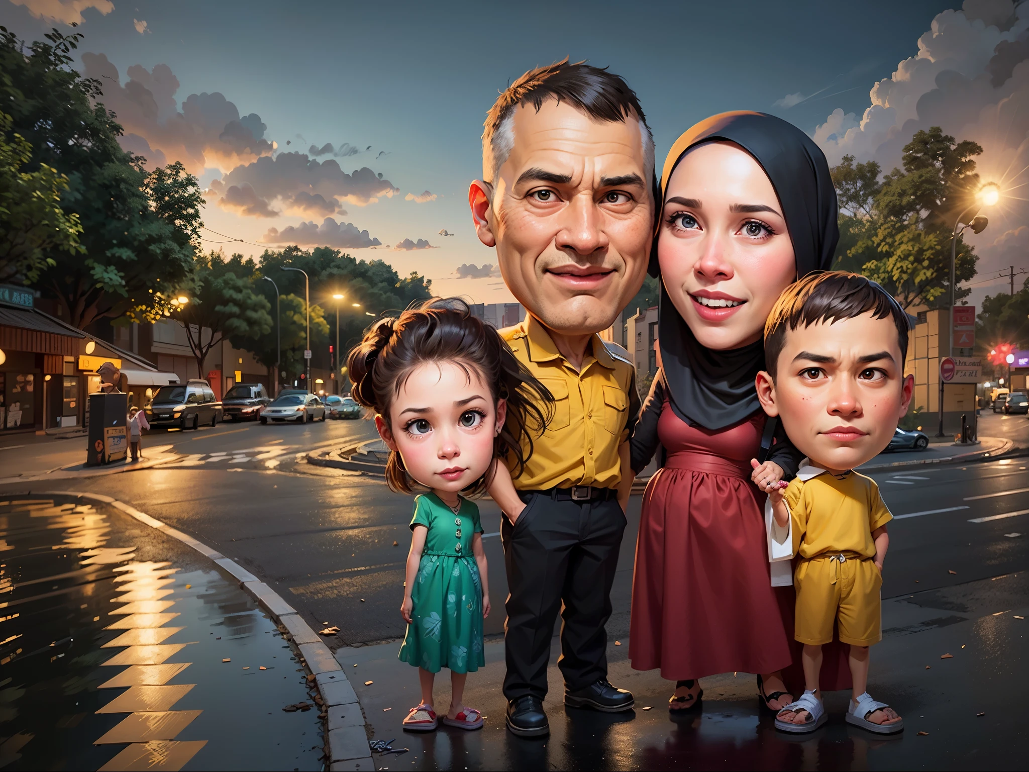 cartoon of a family of three standing in a street at night, caricature illustration, an indonesian family portrait, caricature style, happy family, in cartoon style, caricature, potrait, family portrait, in city street, caricature!!!, cartoon portrait, cartoon art, classic portrait, digital art cartoon, charicature, cartoon digital painting, full protrait, family