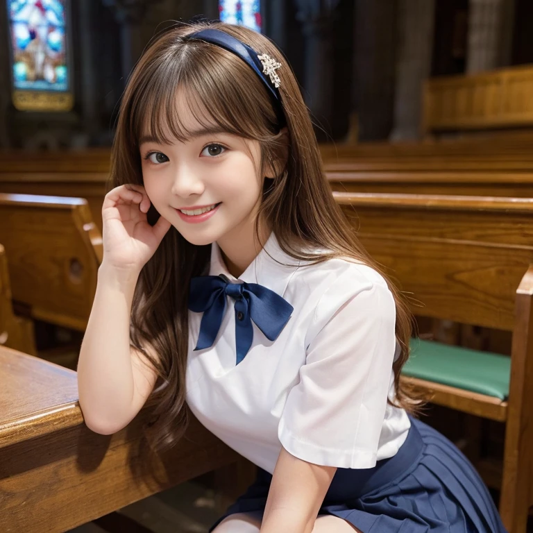 ((whole body esbion))、((side shot))、((small breasts、small and flat chest))、 ((white short sleeve blouse、ultra mini pleated skirt、dark blue)), ((red tie))、 ((black boots))、((Kneeling prayer pose in church、Join hands))、((1direct))、((The background is the interior of a deserted gothic church..))、((high nose))、((delicate body))、((vertical upper body))、((clean、masterpiece、professional artwork、famous works))、((perfect girl body))、((beautiful girl)),((cute face))、 very bright skin ,medium long hair, wavy hair , brown hair,Japanese、 realistic, direct照明, volumetric light, super detailed, highest quality, 超High resolution, nffsw, 8Kのmasterpiece, highest quality, ((8-year-olenagerl))eyes))、、RAW photo, absurd, ((with smiling eyes、smile)), ((open your mouth)),、sexy、High resolution、high resolution、sexy、sexy、