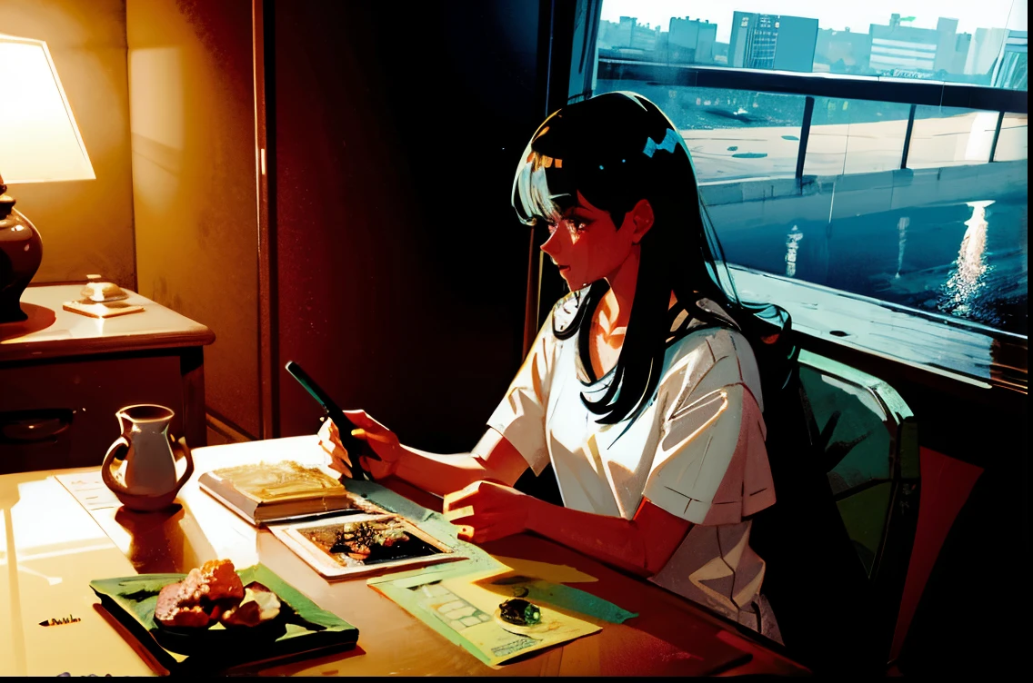 A woman sitting at a desk with a book and a lamp, rain, anime atmosphere, Rain aesthetics, raining outside, Wet day, On a rainy afternoon, Wet dayの外, erogeo art style, anime aesthetics, lofi girl, Artistic. alena aenami, anime atmosphere, arte lofi, anime art wallpaper 4k, anime art wallpaper 4k