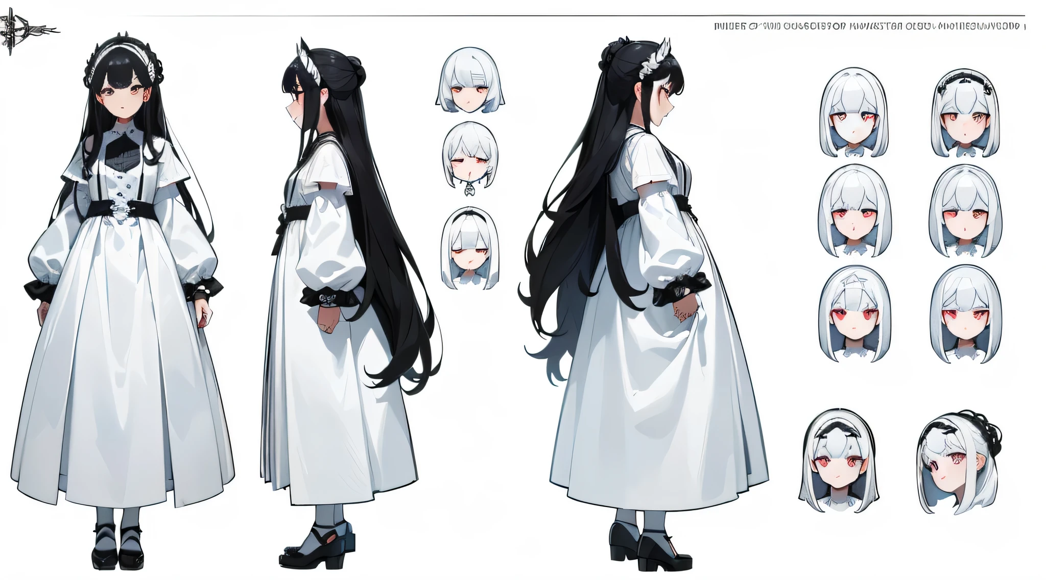 ((Best Quality)), ((Masterpiece)), ((Realistic)) loly, white black hair, white dress, bog white eyes (((detailed character sheet, frontal view, side view, three quarter view))) (((white background))) 6 and a half heads full body